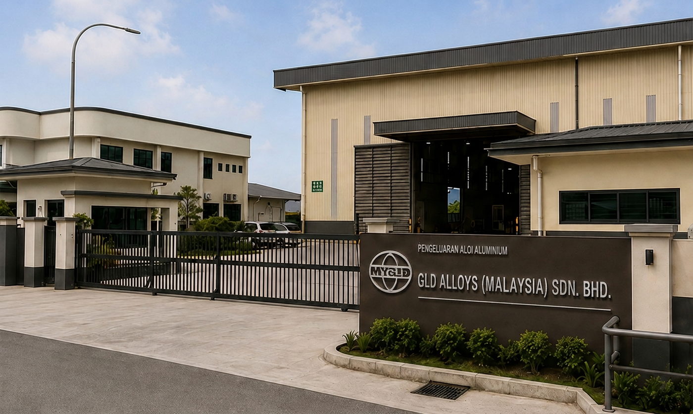 The entrance to the GLD Alloys plant, with the company signboard beside the gate.