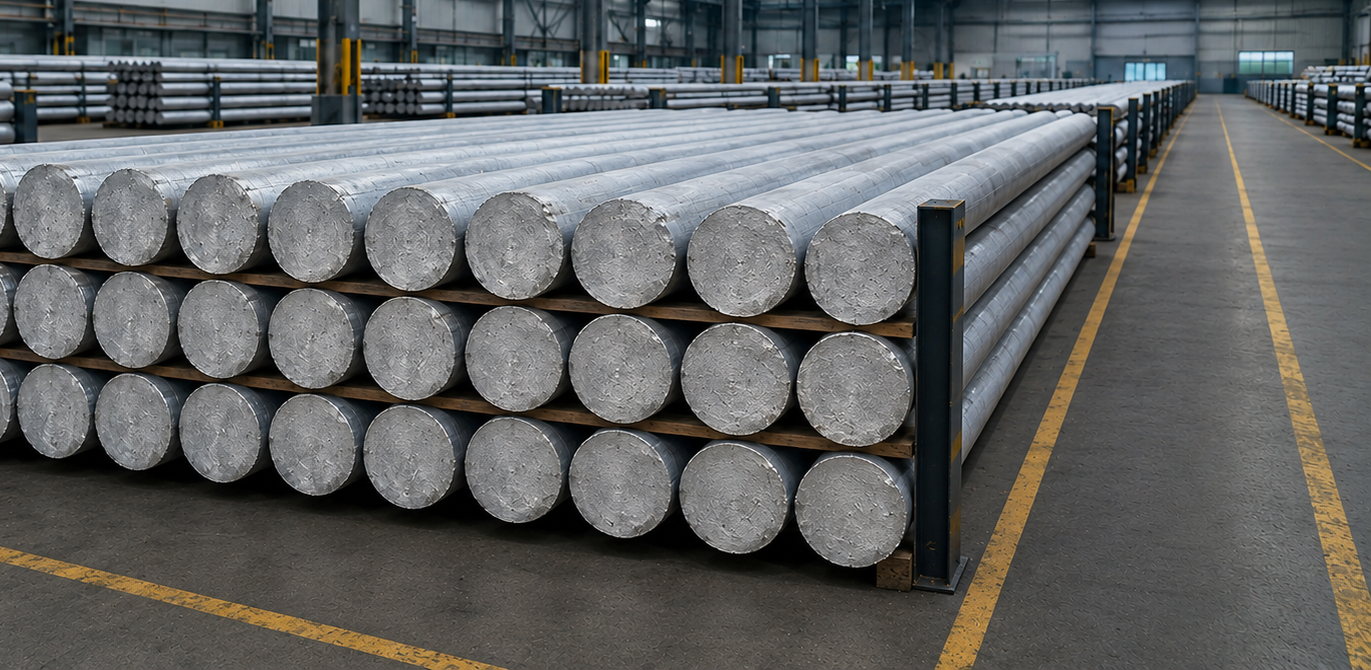 Racked aluminium billets running the length of the storage hall