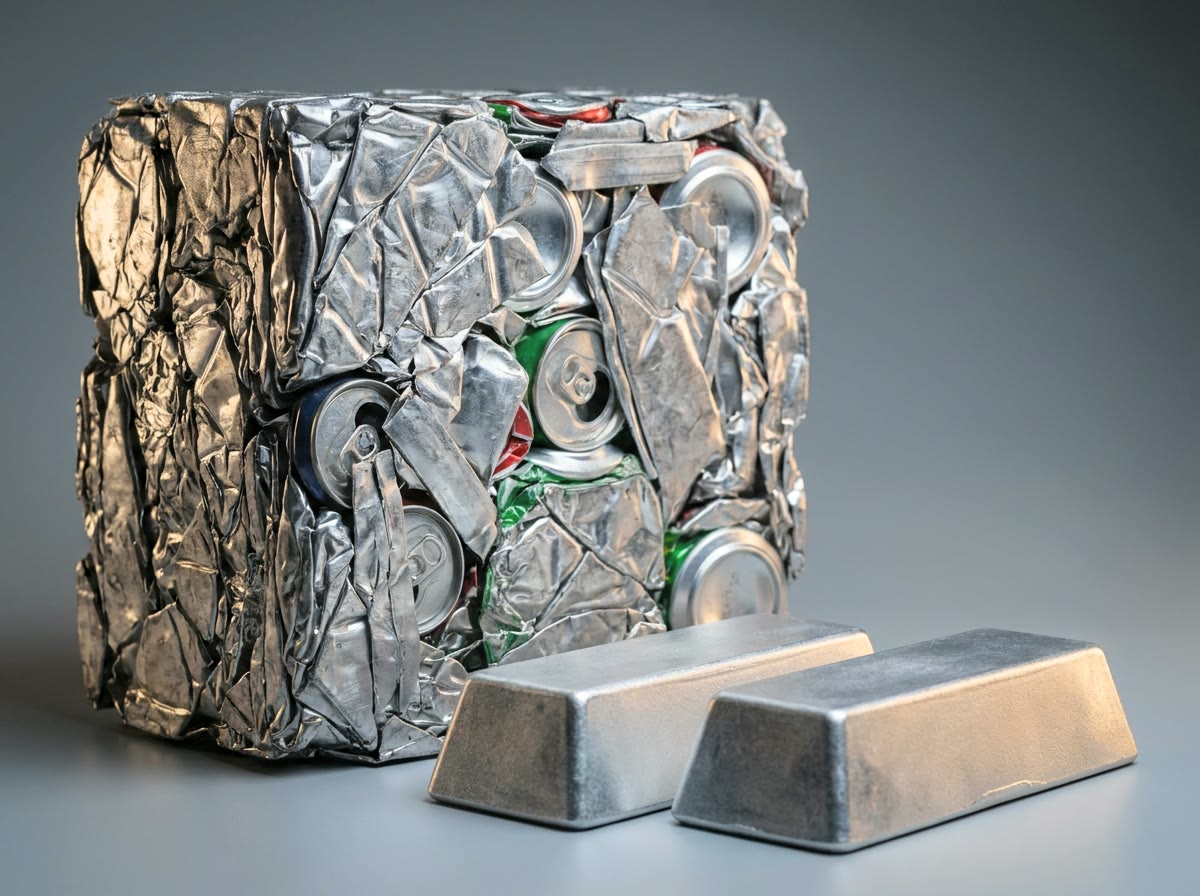 A compressed bale of used aluminium cans beside two cast ingots