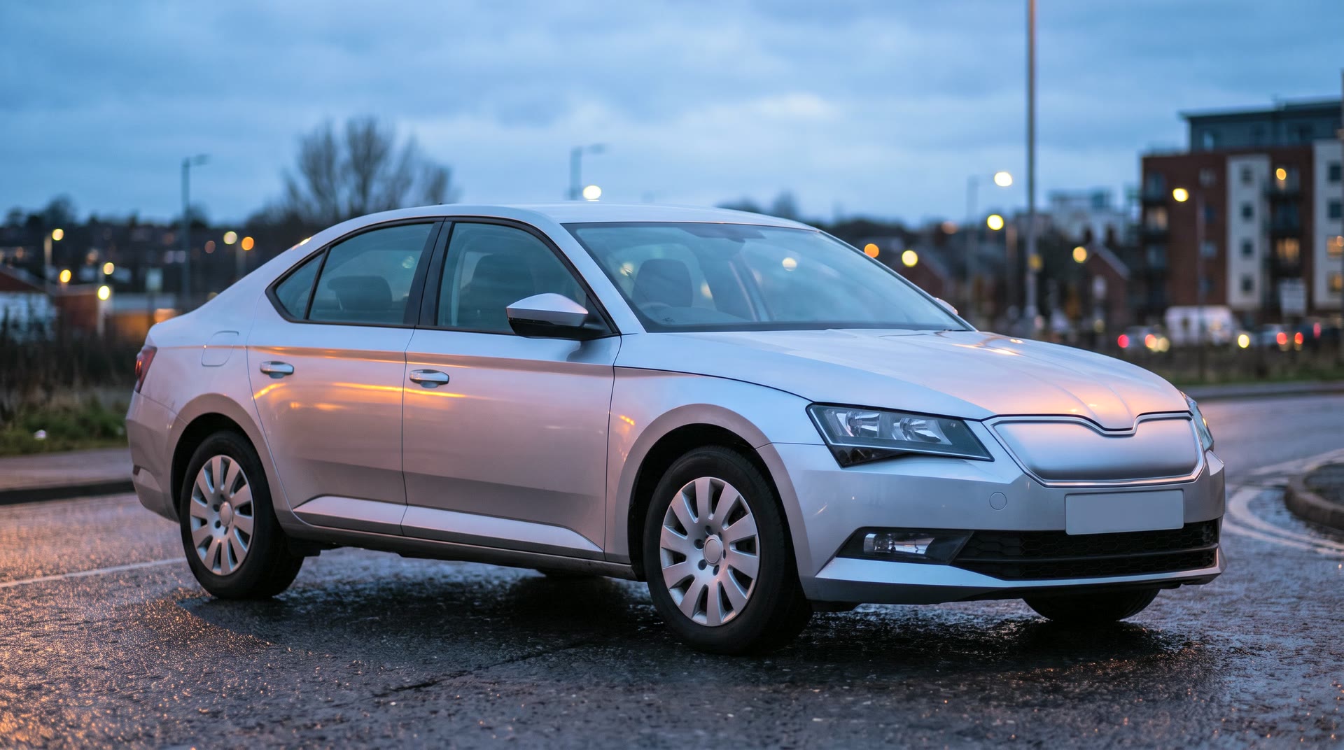 A silver saloon travelling a wet road at dusk