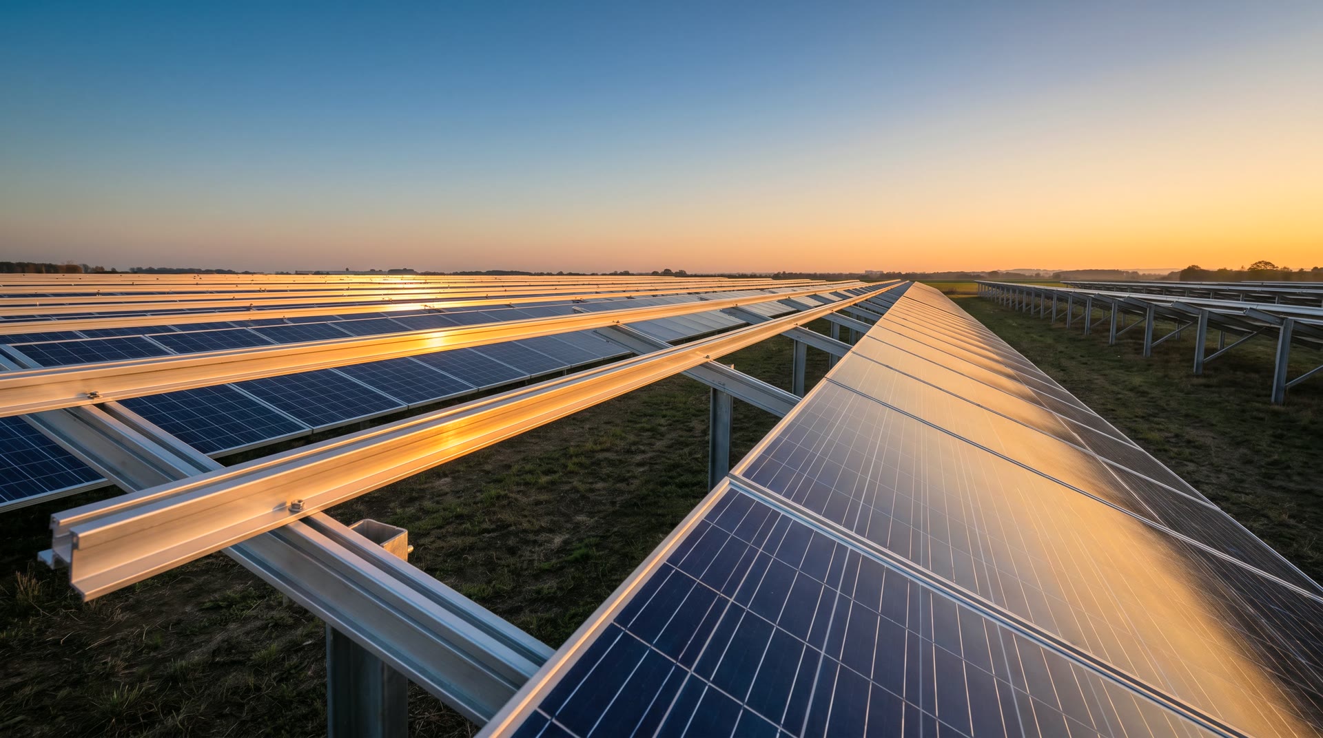 Rows of solar panels on aluminium frames at sunset